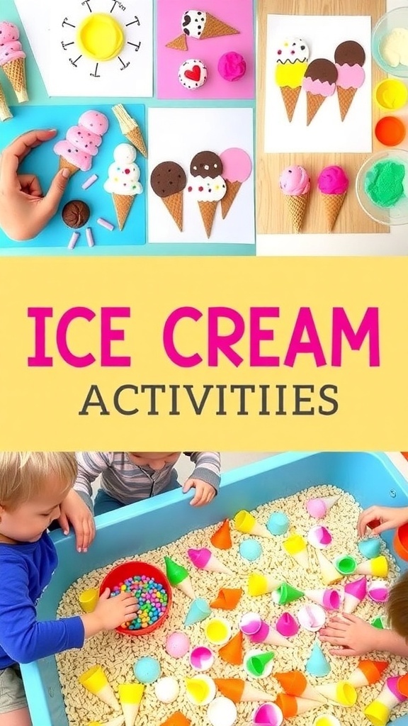 Preschoolers enjoying various ice cream-themed activities including playdough, crafts, and sensory play.